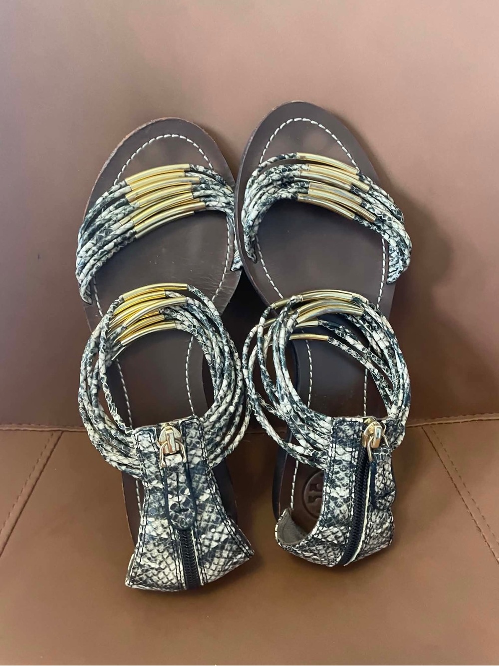Tory Burch Snake-Print Wrap Sandals with Gold Tubes